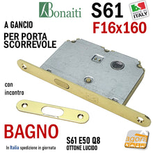 Carica l'immagine nel visualizzatore di Gallery, SERRATURA PORTA SCORREVOLE GANCIO UNCINO FRONTALE F16x160mm BONAITI 61/50 OTTONE LUCIDO OTTONATA GIALLA BAGNO WC MONETA LIBERO-OCCUPATO INCONTRO serrature scrocco a gancio per scrigno f 16x1,6cm kit con riscontro S61 entrata 5cm per locali pubblici