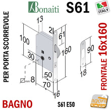 Load image into Gallery viewer, Schema misure dettagli tecnici SERRATURA PORTA SCORREVOLE GANCIO UNCINO FRONTALE F16x160mm BONAITI 61/50 CROMO SATINATO BAGNO WC MONETA LIBERO-OCCUPATO INCONTRO serrature scrocco a gancio per scrigno f 16x1,6cm kit con riscontro S61 entrata 5cm per locali pubblici