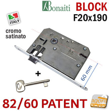 Carica l'immagine nel visualizzatore di Gallery, SERRATURA PORTA INTERNA BONAITI BLOCK PATENT PICCOLA FRONTALE F20X190MM CROMO SATINATO ENTRATA 6CM E60MM CHIAVE INTERASSE 70MM