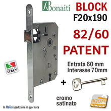 Carica l'immagine nel visualizzatore di Gallery, SERRATURA PORTA BONAITI BLOCK 82 /60 CHIAVE PATENT FRONTALE 20X190MM E60 I70 CROMO SATINATO MECCANICA