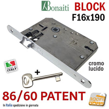 Carica l'immagine nel visualizzatore di Gallery, SERRATURA PORTA BONAITI BLOCK 86 /60 CHIAVE PATENT FRONTALE 16X190MM E60 I70 CROMO LUCIDO MECCANICA cromata per porte vecchie ricambio solo scrocco senza linguetta frontale 16x190mm entrata 6cm
