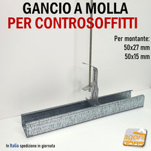 Carica l'immagine nel visualizzatore di Gallery, GANCIO CON MOLLA PER PROFILO SOFFITTO CARTONGESSO 50x15 50x27 CONTROSOFFITTO SOSPENSIONE PENDINO accessori per cartongessi