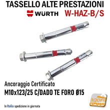 Carica l'immagine nel visualizzatore di Gallery, TASSELLO ANCORANTE ALTE PRESTAZIONI ACCIAIO W-HAZ-B M10x123/25 DADO TE FORO Ø15 WURTH