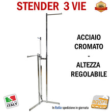 Carica l'immagine nel visualizzatore di Gallery, STENDER ESPOSITORE a 3 vie bracci diritti inclinati cromato regolabile per negozi commercio mercati esposizione