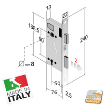 Load image into Gallery viewer, SERRATURA PORTA INTERNA MAGNETICA B-EVO BONAITI FRONTALE 22X240MM E50 I90 scheda dimensionale tecnica