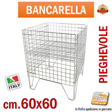 Carica l'immagine nel visualizzatore di Gallery, Bancarella pieghevole ripiegabile per saldi arredo negozi cestone cestino in filo metallico di qualità cromata ripiano spostabile mobile regolabile su più posizioni cm60x60 mm600x600 grande altezza 80cm