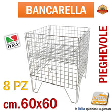 Carica l'immagine nel visualizzatore di Gallery, Bancarella pieghevole ripiegabile per saldi arredo negozi cestone cestino in filo metallico di qualità cromata ripiano spostabile mobile regolabile su più posizioni cm60x60 mm600x600 grande altezza 80cm ceste cesta