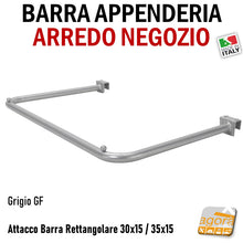 Load image into Gallery viewer, barra attaccapanni appendino appendi abiti aggiuntiva per parete negozio su barra aderente acciaio rettangolare 30x15 15x30mm verniciata grigio alluminio
