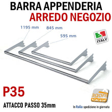 Carica l'immagine nel visualizzatore di Gallery, ARRA APPENDERIA X CAVETTATO P35 CROMO L 60cm 85 100 110 120cm APPENDIABITI PORTA ABITI ATTREZZATURA PARETE NEGOZIO arredo parete negozio intimo abbigliamento vestiti abiti capi appesi