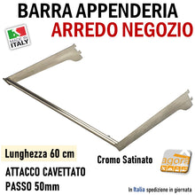 Carica l'immagine nel visualizzatore di Gallery, BARRA PARETE APPENDERIA X CAVETTATO P50 CROMO SATINATO L 60cm APPENDIABITI PORTA ABITI ATTREZZATURA NEGOZIO arredo negozio barre per abiti spostabili in altezza