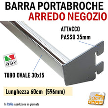 Carica l'immagine nel visualizzatore di Gallery, BARRA PORTABROCHE X CAVETTATO P35 TUBO OVALE 30X15 CROMO L 60cm PORTA GANCI ATTREZZATURA PARETE NEGOZIO cromata tubo barra ovale 30x15