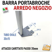 Carica l'immagine nel visualizzatore di Gallery, BARRA PORTABROCHE X CAVETTATO P35 TUBO OVALE 30X15 CROMO L 60cm PORTA GANCI ATTREZZATURA PARETE NEGOZIO passo 35mm aggancio a cava