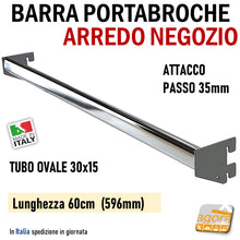 Carica l'immagine nel visualizzatore di Gallery, BARRA PORTABROCHE X CAVETTATO P35 TUBO OVALE 30X15 CROMO L 60cm PORTA GANCI ATTREZZATURA PARETE NEGOZIO tubo aderente porta ganci porta blister negozi