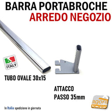 Carica l'immagine nel visualizzatore di Gallery, BARRA PORTABROCHE X CAVETTATO P35 TUBO OVALE 30X15 CROMO L 60cm PORTA GANCI ATTREZZATURA PARETE NEGOZIO arredamento negozio robusta