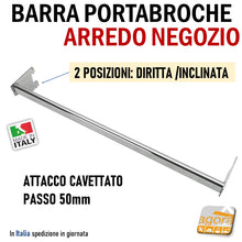Carica l'immagine nel visualizzatore di Gallery, BARRA PORTABROCHE X CAVETTATO P50 CROMO L 60cm APPENDIABITI PORTA ABITI ATTREZZATURA PARETE NEGOZIO
