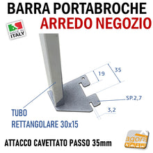 Carica l'immagine nel visualizzatore di Gallery, BARRA PORTABROCHE X CAVETTATO P35 TUBO RETT 30X15 CROMO L 60-85-120cm PORTA GANCI ATTREZZATURA PARETE NEGOZIO barra aderente attrezzatura arredamento negozio esposizione porta ganci porta broche attacco a barra rettangolare 15mm passo 3,5cm