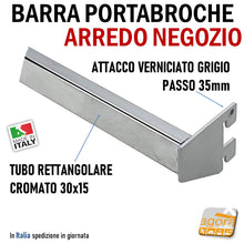 Carica l'immagine nel visualizzatore di Gallery, BARRA PORTABROCHE X CAVETTATO P35 TUBO RETT 30X15 CROMO L 60-85-120cm PORTA GANCI ATTREZZATURA PARETE NEGOZIO barra aderente attrezzatura arredamento negozio esposizione porta ganci porta broche attacco a barra rettangolare 15mm cromato verniciato