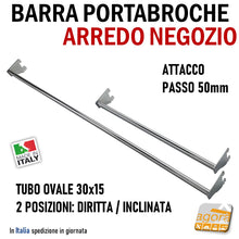 Carica l'immagine nel visualizzatore di Gallery, BARRA PORTAGANCI PORTABROCHE ATTREZZATURA NEGOZIO PARETE CROMO IN TUBO OVALE 30X15 CAVETTATO CAVA P5CM PASSO 50MM