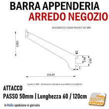 Carica l'immagine nel visualizzatore di Gallery, BARRA PARETE APPENDERIA X CAVETTATO P50 CROMO L 60cm APPENDIABITI PORTA ABITI ATTREZZATURA NEGOZIO cavettato p25+25 Passo 50mm P5cm interasse 60cm
