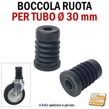 Carica l'immagine nel visualizzatore di Gallery, BOCCOLA PER TUBO D30MM PER RUOTE CON PERNO LISCIO CALETTATO FORO 10MM NYLON NERA