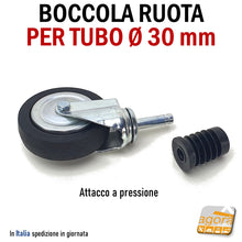 Carica l'immagine nel visualizzatore di Gallery, BOCCOLA PER TUBO D30MM PER RUOTE CON PERNO LISCIO CALETTATO FORO 10MM NYLON NERA stender carrelli