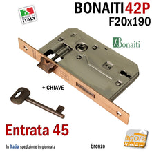 Carica l'immagine nel visualizzatore di Gallery, ricambio SERRATURA PORTA FRONTALE 20x190mm RETTANGOLARE E45 I70 BONAITI 42P BRONZO PATENT PICCOLA con CHIAVE