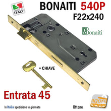 Carica l'immagine nel visualizzatore di Gallery, SERRATURA BONAITI OKAY COLORE OTTONE F22x240 ENTRATA 45 INTERASSE 90 540P DOOR LOCK PORTE CON CHIAVE IN DOTAZIONE
