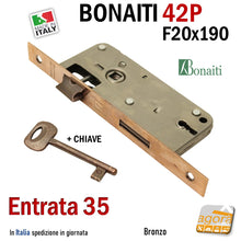 Carica l'immagine nel visualizzatore di Gallery, SERRATURA PORTA FRONTALE 20x190mm RETTANGOLARE E35 I70 BONAITI 42P BRONZO PATENT PICCOLA nuova