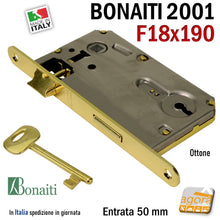 Carica l'immagine nel visualizzatore di Gallery, SERRATURA PORTA PATENT FRONTALE 18x190mm BONAITI IN METALLO OTTONE con CHIAVE E50 2001 240