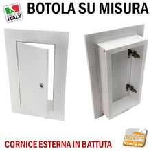 Carica l'immagine nel visualizzatore di Gallery, SPORTELLO BOTOLA INCASSO CORNICE ESTERNA CARTONGESSO / MURO SU MISURA MDF VERNICIABILE antina copriforo