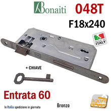 Carica l'immagine nel visualizzatore di Gallery, SERRATURA PORTA PATENT FRONTALE 18x240mm BONAITI 048T E60 I90 +CHIAVE BRONZO BRONZATA ENTRATA 6CM INTERASSE 9CM