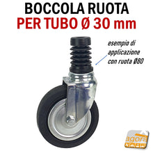 Carica l'immagine nel visualizzatore di Gallery, BOCCOLA PER TUBO D30MM PER RUOTE CON PERNO LISCIO CALETTATO FORO 10MM NYLON NERA bussole