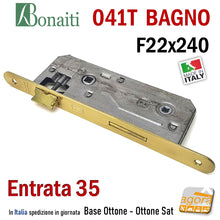 Carica l'immagine nel visualizzatore di Gallery, SERRATURA PORTA PATENT GRANDE BAGNO FRONTALE 22x240mm BONAITI 041T-35 BASE OTTONE SATINATO E35 I90 41BT