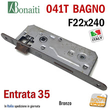 Carica l'immagine nel visualizzatore di Gallery, SERRATURA PORTA PATENT GRANDE BAGNO FRONTALE 22x240mm BONAITI 041T-35 BRONZO E35 I90 BRONZATA ENTRATA 35 mm