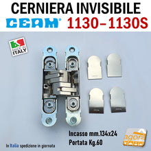 Load image into Gallery viewer, CERNIERA INVISIBILE CEAM 1130 PER PORTE A FILO RASOMURO RASOPARETE 3D mm.134x24 ALTA PORTATA 60Kg 1130S CERNIERE PER PORTE RASOMURO RASOPARETE FILOMURO IN METALLO REGOLABILI ROBUSTE