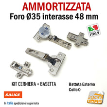 Load image into Gallery viewer, KIT CERNIERA CON BASETTA AMMORTIZZATA CUCINA CON BASE FORO 35mm x 13,5mm SOFT RICAMBIO SALICE interasse 48mm decelerata sormonto totale spalla