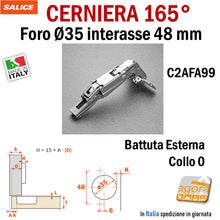 Load image into Gallery viewer, CERNIERA CUCINA SALICE 165° FORO 35 BATTUTA ESTERNA C2AFA99 int 48 PER MOBILI 8053468024844