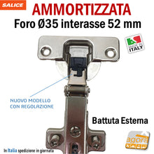 Load image into Gallery viewer, CERNIERA AMMORTIZZATA CUCINA FORO 35mm SOFT RICAMBIO SALICE-WURTH-HAFELE battuta esterna interasse 52mm 5,2cm collo 0 soft rallentata cerniere cucina hafele salice diritte sormonto completo