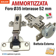 Load image into Gallery viewer, CERNIERA AMMORTIZZATA CUCINA FORO 35mm SOFT RICAMBIO SALICE-WURTH-HAFELE battuta esterna interasse 52mm 5,2cm collo 0 soft rallentata
