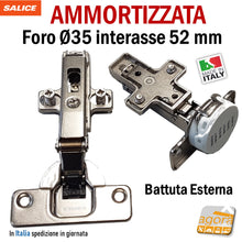 Load image into Gallery viewer, CERNIERA AMMORTIZZATA CUCINA FORO 35mm SOFT RICAMBIO SALICE WURTH hafele battuta esterna COLLO DIRITTO INTERASSE 52MM apertura 110° gradi con viti euro click clack rapida domi duomatic