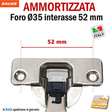 Load image into Gallery viewer, CERNIERA AMMORTIZZATA CUCINA FORO 35mm SOFT RICAMBIO SALICE-WURTH-HAFELE battuta esterna interasse 52mm 5,2cm collo 0 soft rallentata con basetta completa in kit HAFELE per ante cucina mobili