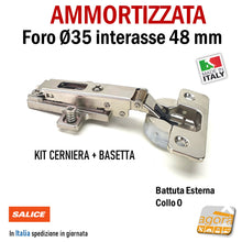 Load image into Gallery viewer, KIT CERNIERA CON BASETTA AMMORTIZZATA CUCINA CON BASE FORO 35mm x 13,5mm SOFT RICAMBIO SALICE interasse 48mm pluriregolabile serie 200 110gradi