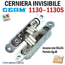 Load image into Gallery viewer, CERNIERA INVISIBILE CEAM 1130 PER PORTE A FILO RASOMURO RASOPARETE 3D mm.134x24 ALTA PORTATA 60Kg 1130S CERNIERE PER PORTE RASOMURO RASOPARETE FILOMURO IN METALLO REGOLABILI ROBUSTE CEAM