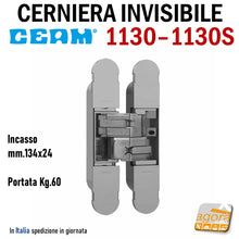Load image into Gallery viewer, CERNIERA INVISIBILE CEAM 1130 PER PORTE A FILO RASOMURO RASOPARETE 3D mm.134x24 ALTA PORTATA 60Kg 1130S