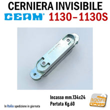 Load image into Gallery viewer, CERNIERA INVISIBILE CEAM 1130 PER PORTE A FILO RASOMURO RASOPARETE 3D mm.134x24 ALTA PORTATA 60Kg 1130S CERNIERE PER PORTE RASOMURO RASOPARETE FILOMURO IN METALLO REGOLABILI ROBUSTE 24X134