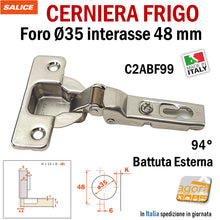 Carica l'immagine nel visualizzatore di Gallery, CERNIERA FRIGO SALICE 94° C2ABF99 PER ANTE PORTE MOBILI CUCINA INTERASSSE 48-6MM FORO TAZZA 35MM SORMONTO TOTALE ANTA