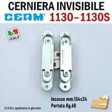 Load image into Gallery viewer, CERNIERA INVISIBILE CEAM 1130 PER PORTE A FILO RASOMURO RASOPARETE 3D mm.134x24 ALTA PORTATA 60Kg 1130S CERNIERE PER PORTE RASOMURO RASOPARETE FILOMURO IN METALLO REGOLABILI ROBUSTE 1130S