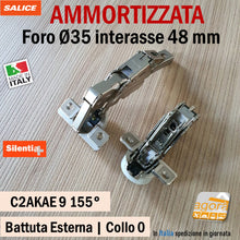 Carica l'immagine nel visualizzatore di Gallery, CERNIERE PER MOBILI BATTUTA COMPLETA SU SPALLA ESTERNA COLLO 0 155 GRADI AMMORTIZZATA CHIUSURA DOLCE RALLENTATA SALICE FORO 3,5CM REGOLABILE