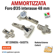 Load image into Gallery viewer, KIT CERNIERA CON BASETTA AMMORTIZZATA CUCINA CON BASE FORO 35mm x 13,5mm SOFT RICAMBIO SALICE interasse 48-6mm 110 gradi
