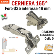 Load image into Gallery viewer, CERNIERA CUCINA SALICE 165° FORO 35 BATTUTA ESTERNA C2AFA99 int 48 PER MOBILI Originale per ante per mobili da avvitare angolo 165 gradi AFA